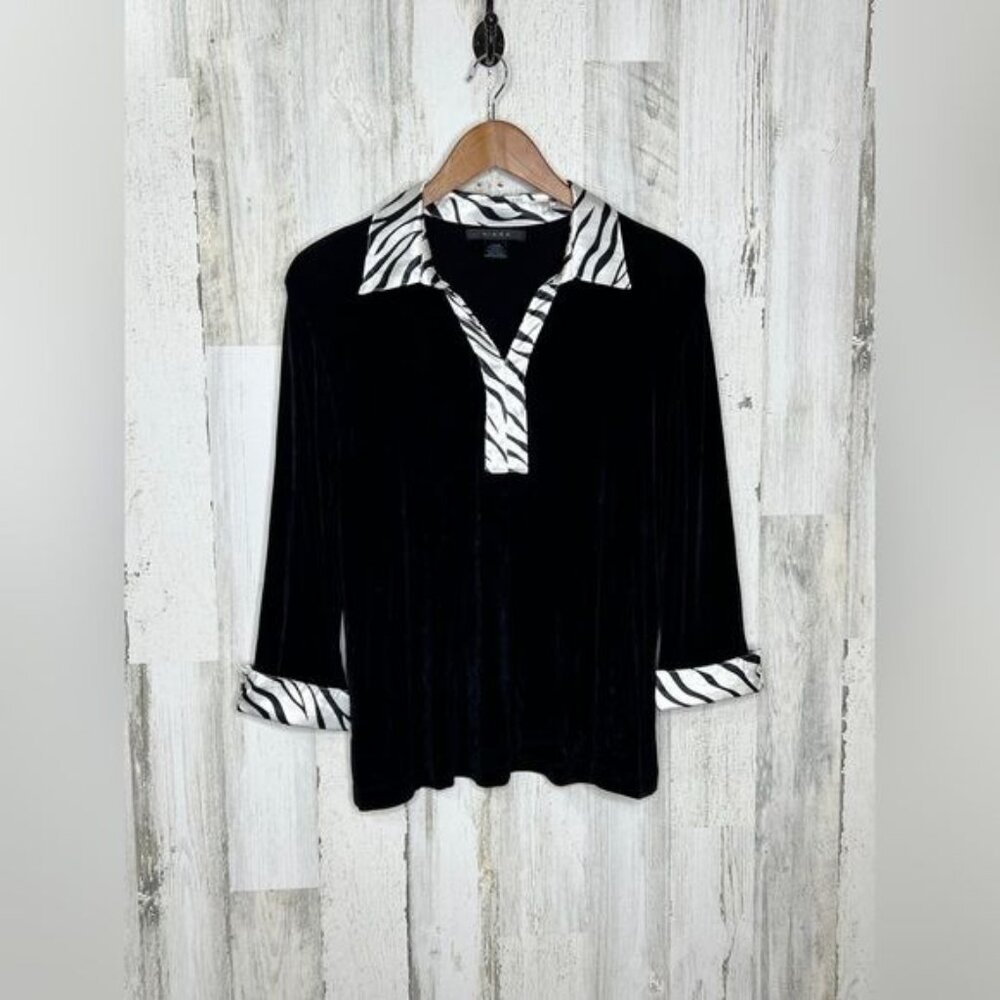 Kiara Womens Quarter Sleeve  Satin Zebra Trim Top Black White Size XL